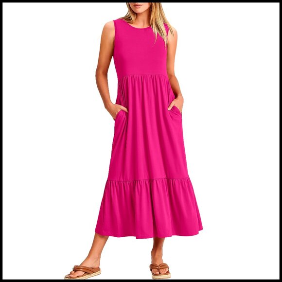 Dresses & Skirts - Sleeveless Maxi Dress with Pockets, Elastic Waist, Tiered Design, Rayon Blend